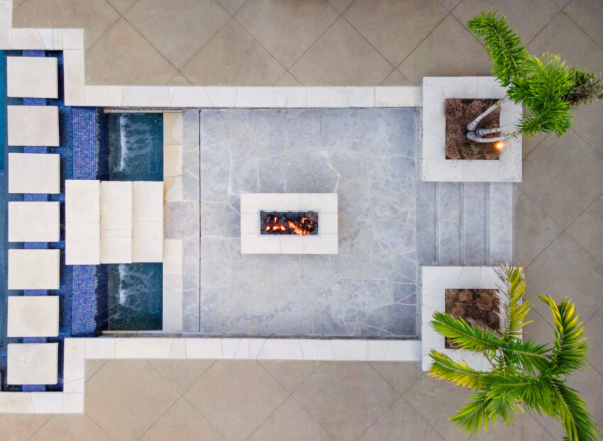 aerial of sunken lounge with fire pit