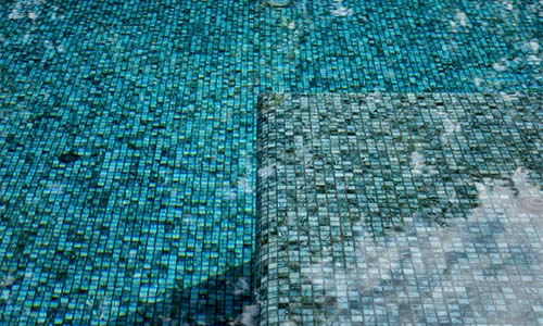 Close-up view of pool tiles along the water's edge.