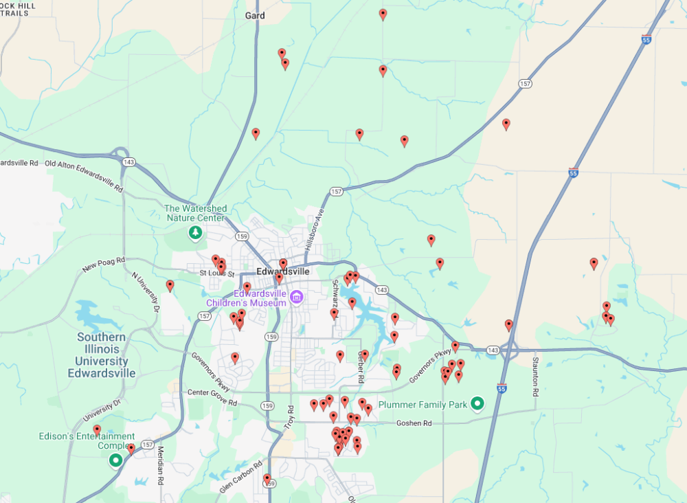 Map with pins of all the pools we've built in Edwardsville, IL