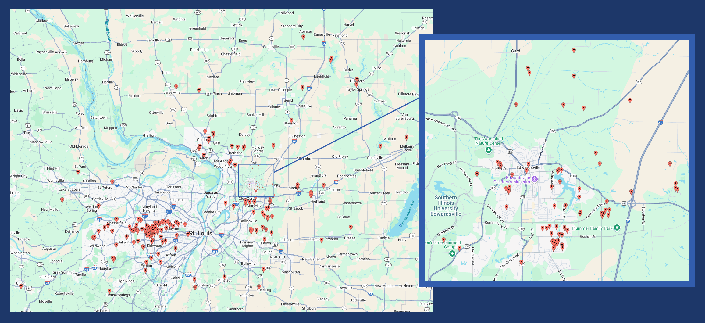 St. Louis & Metro East map with pin of all our pools